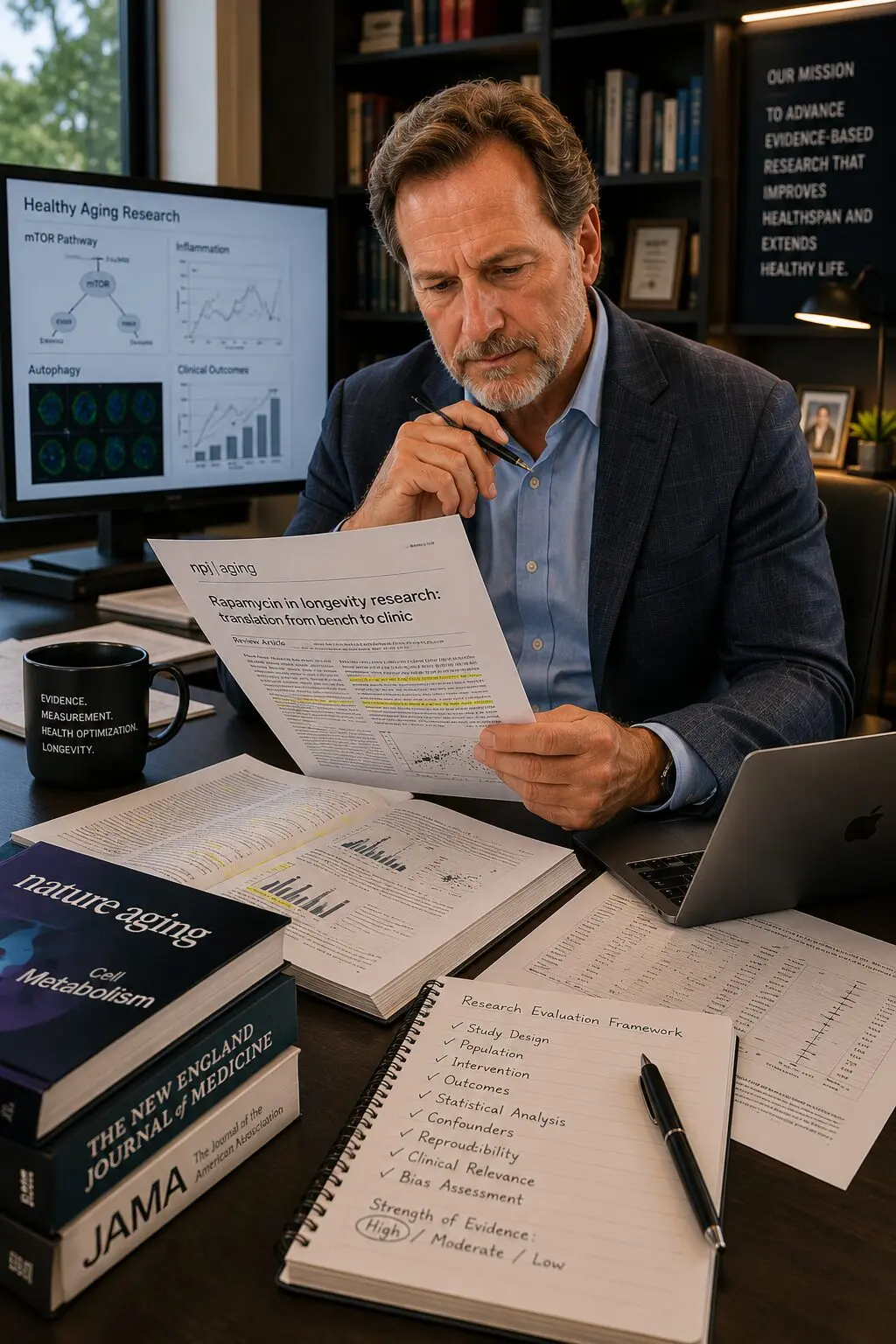 Man reviewing aging research papers at desk