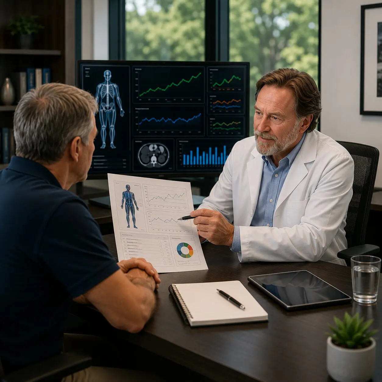 Doctor reviewing health charts with older patient